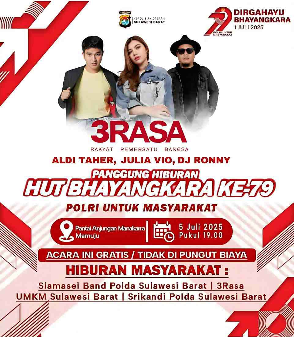 Aldi Taher, Julia Vio, dan DJ Ronnydalam Grup 3Rasa Siap Goyang Mamuju di Perayaan HUT Bhayangkara ke-79